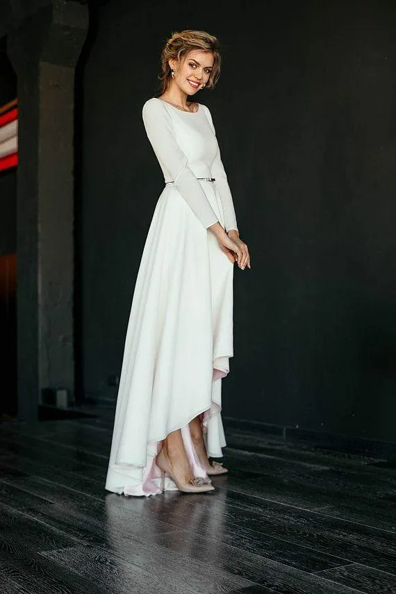Long-sleeved High Low Wedding Gown Boat Neckline vestido de novia
