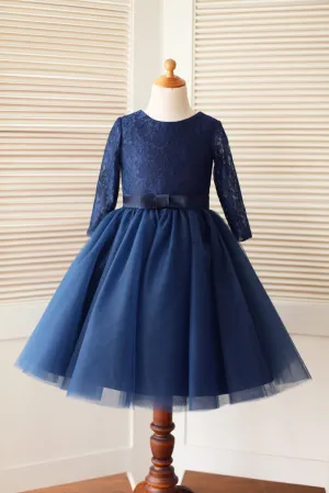 Long Sleeves Navy Blue Lace Tulle Flower Girl Dress