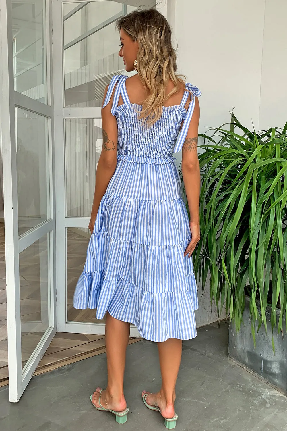 Lulu Striped Tie-Shoulder Tiered Dress