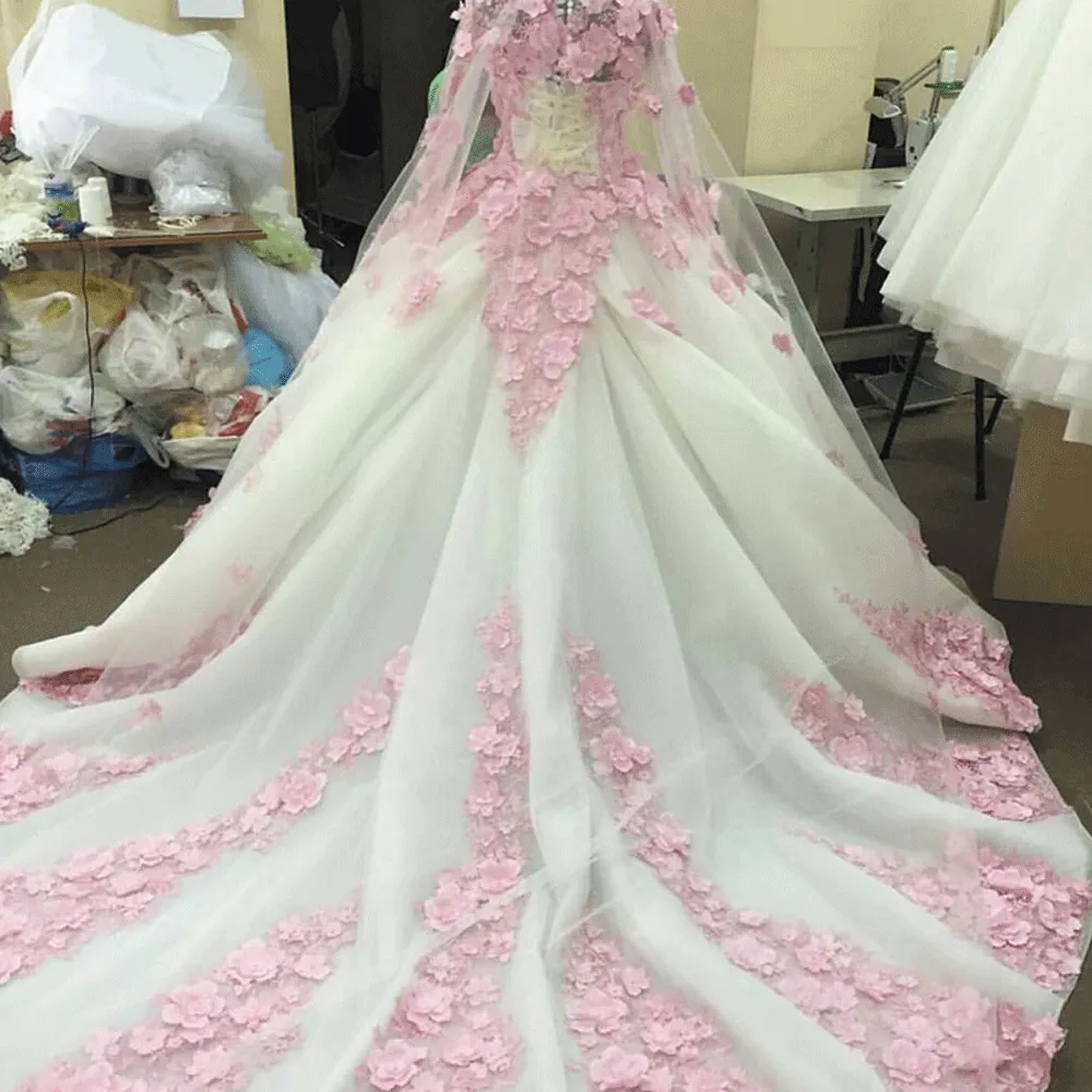 luxury ball gown wedding dresses lace appliqué pink 3d flowers princess boho wedding gown robe de mairee