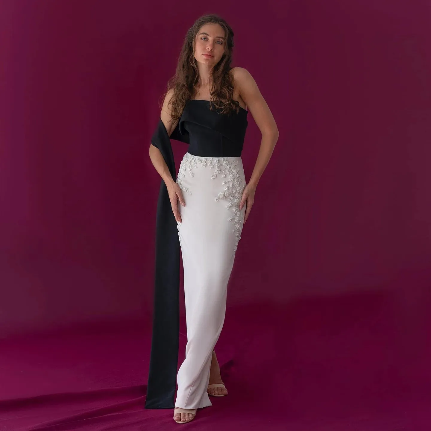 Luxury Beaded Black and White Strapless Evening Dress with Cape