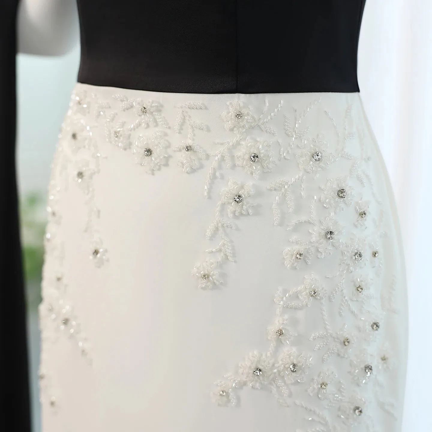 Luxury Beaded Black and White Strapless Evening Dress with Cape