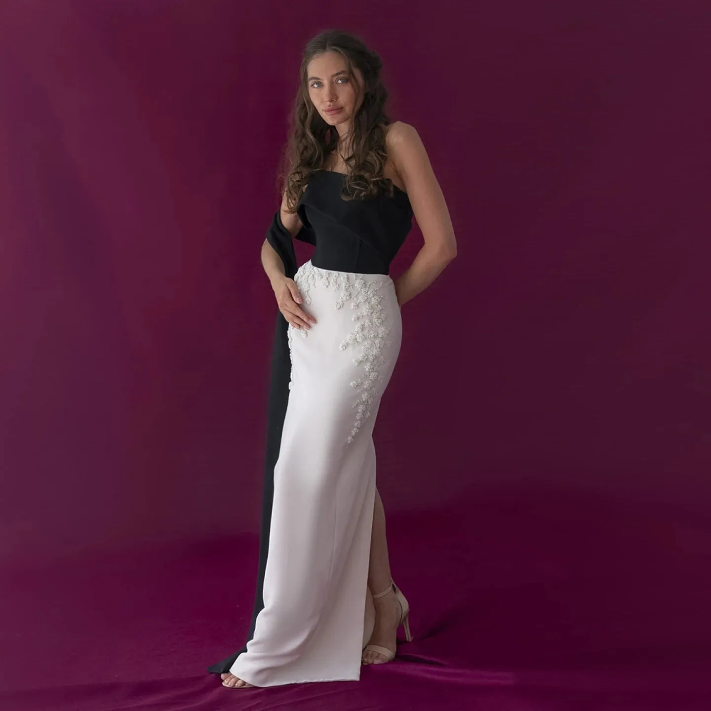 Luxury Beaded Black and White Strapless Evening Dress with Cape