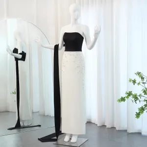 Luxury Beaded Black and White Strapless Evening Dress with Cape
