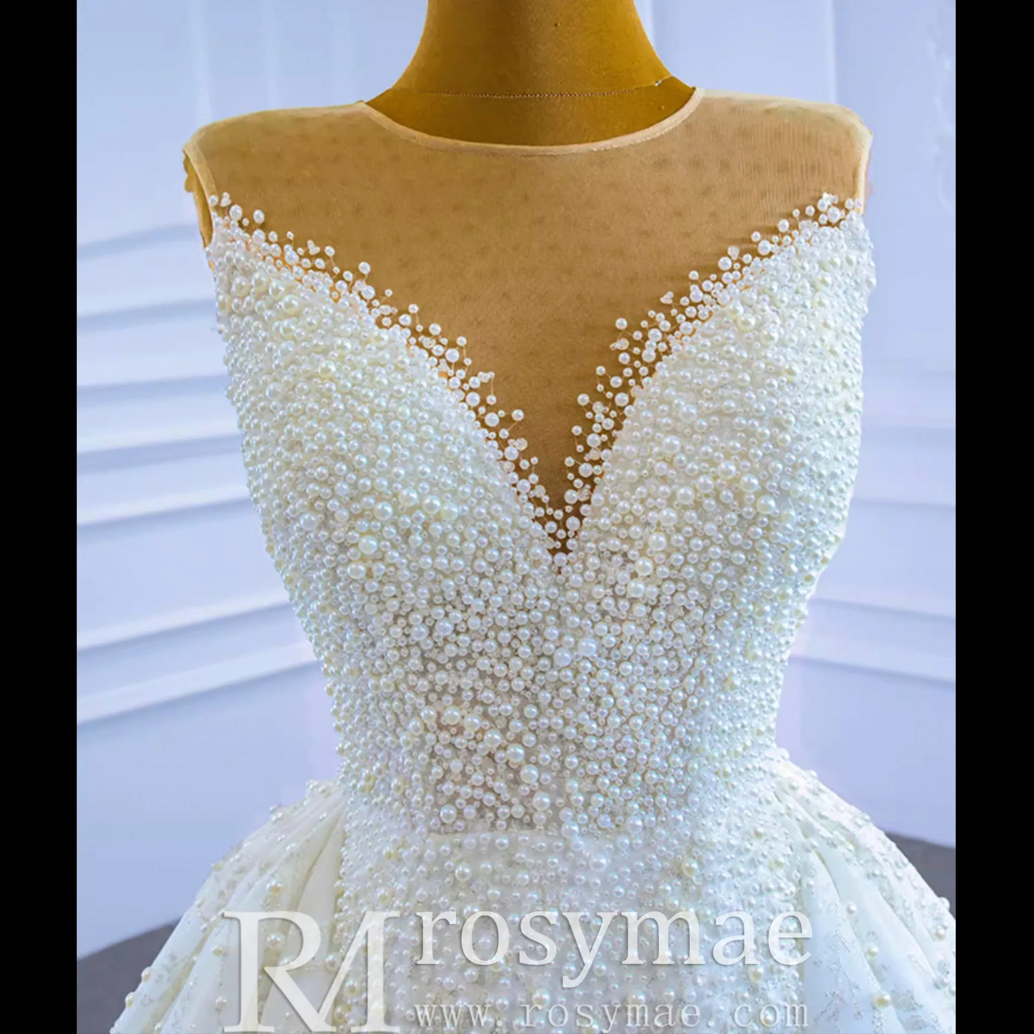 Luxury Beaded Pearl Sheer High Neck Wedding Dress with Removable Sleeves