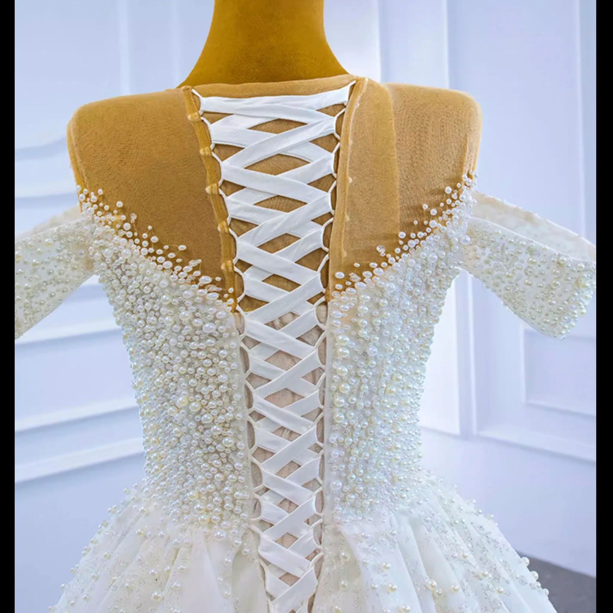 Luxury Beaded Pearl Sheer High Neck Wedding Dress with Removable Sleeves