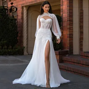 Luxury Boho Wedding Dresses Lace Appliques Mermaid Bride Dresses With Detachable Jacket Side Split Bridal Gown Gown