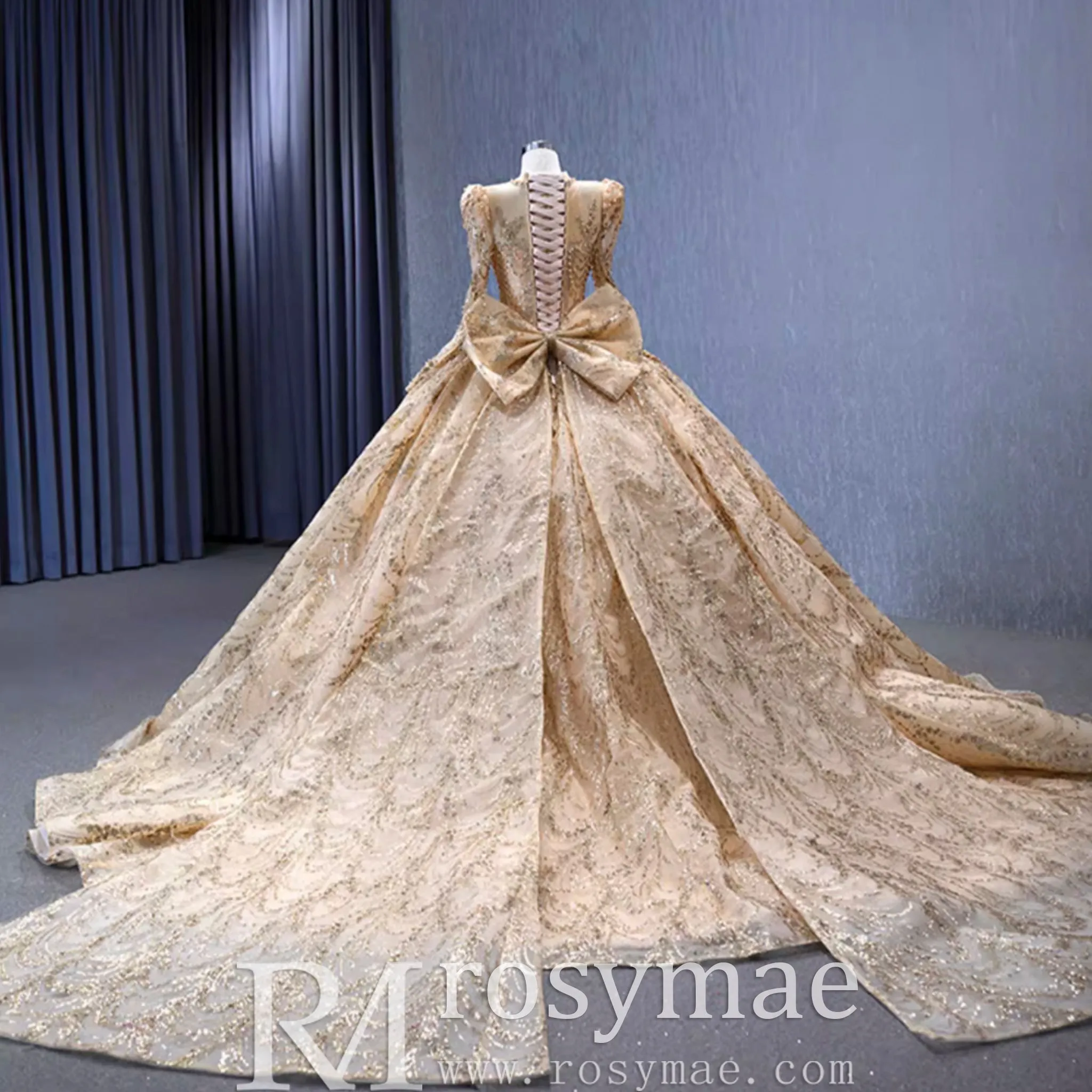 Luxury Long Sleeve Gold Ball Gown Puffy Skirt Big Wedding Dress with Bow