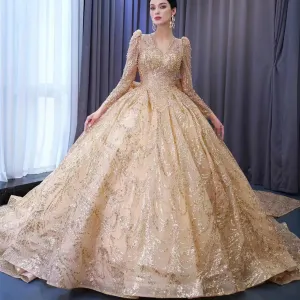Luxury Long Sleeve Gold Ball Gown Puffy Skirt Big Wedding Dress with Bow