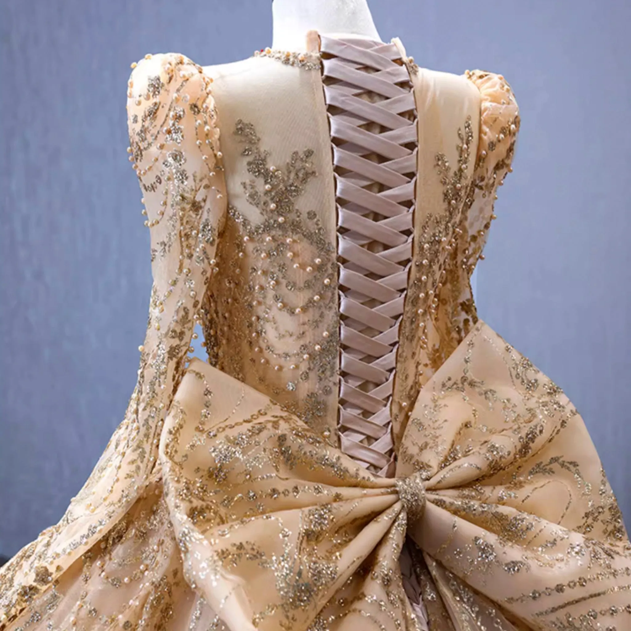 Luxury Long Sleeve Gold Ball Gown Puffy Skirt Big Wedding Dress with Bow