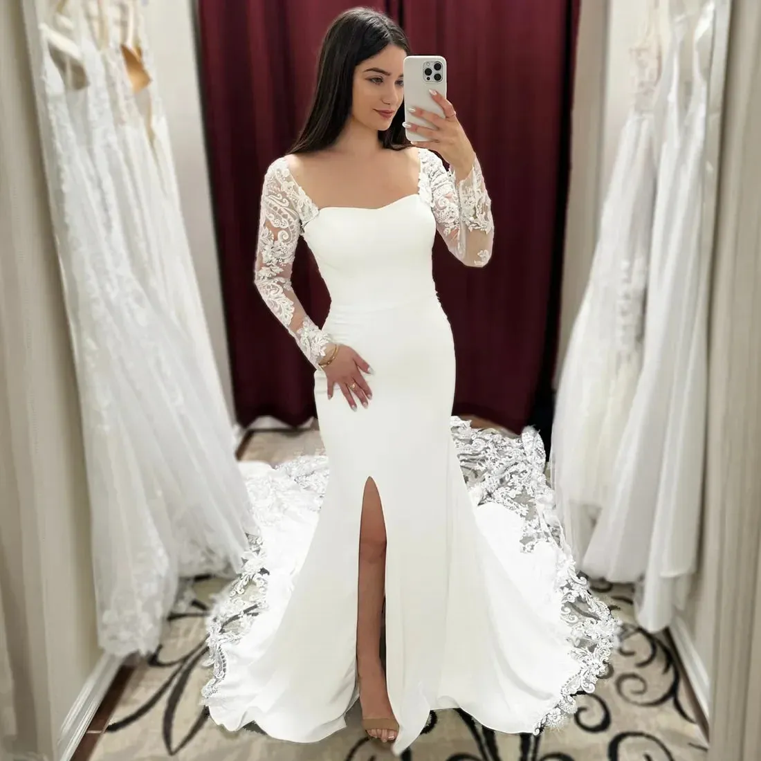 Luxury Mermaid Bridal Wedding Dress Long Sleeve Decal beaded sexy High section Halter Sweep Train Beach Garden Bridal Dress
