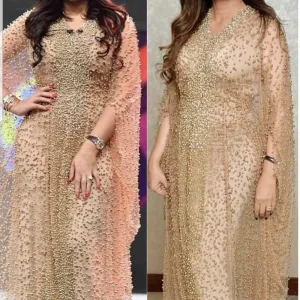 luxury prom dresses long beaded Dubai caftan elegant champagne peals prom gown vestido de festa