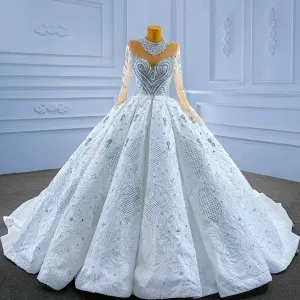 Luxury Sparkly Wedding Dress High Neck Modest Bridal Gown