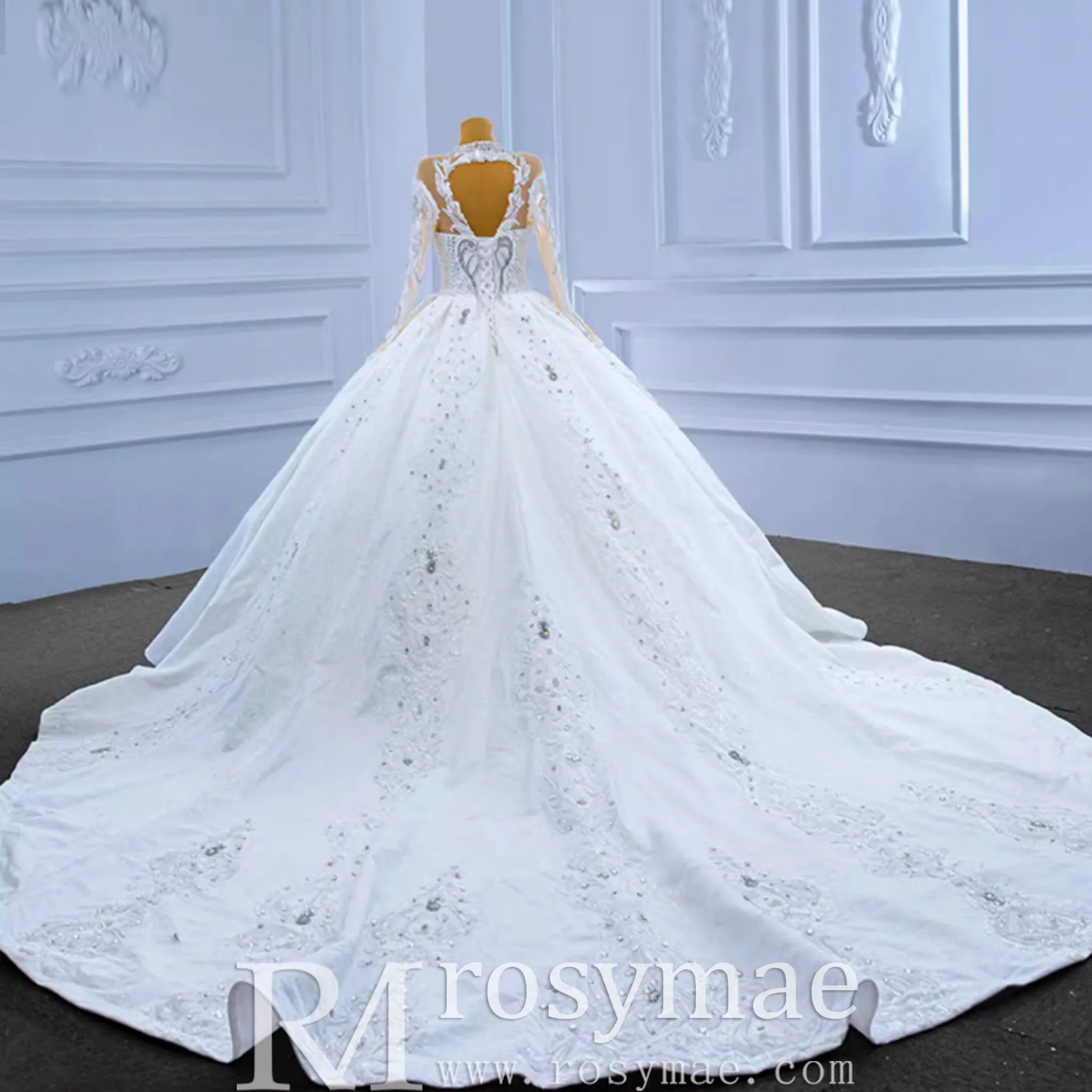 Luxury Sparkly Wedding Dress High Neck Modest Bridal Gown