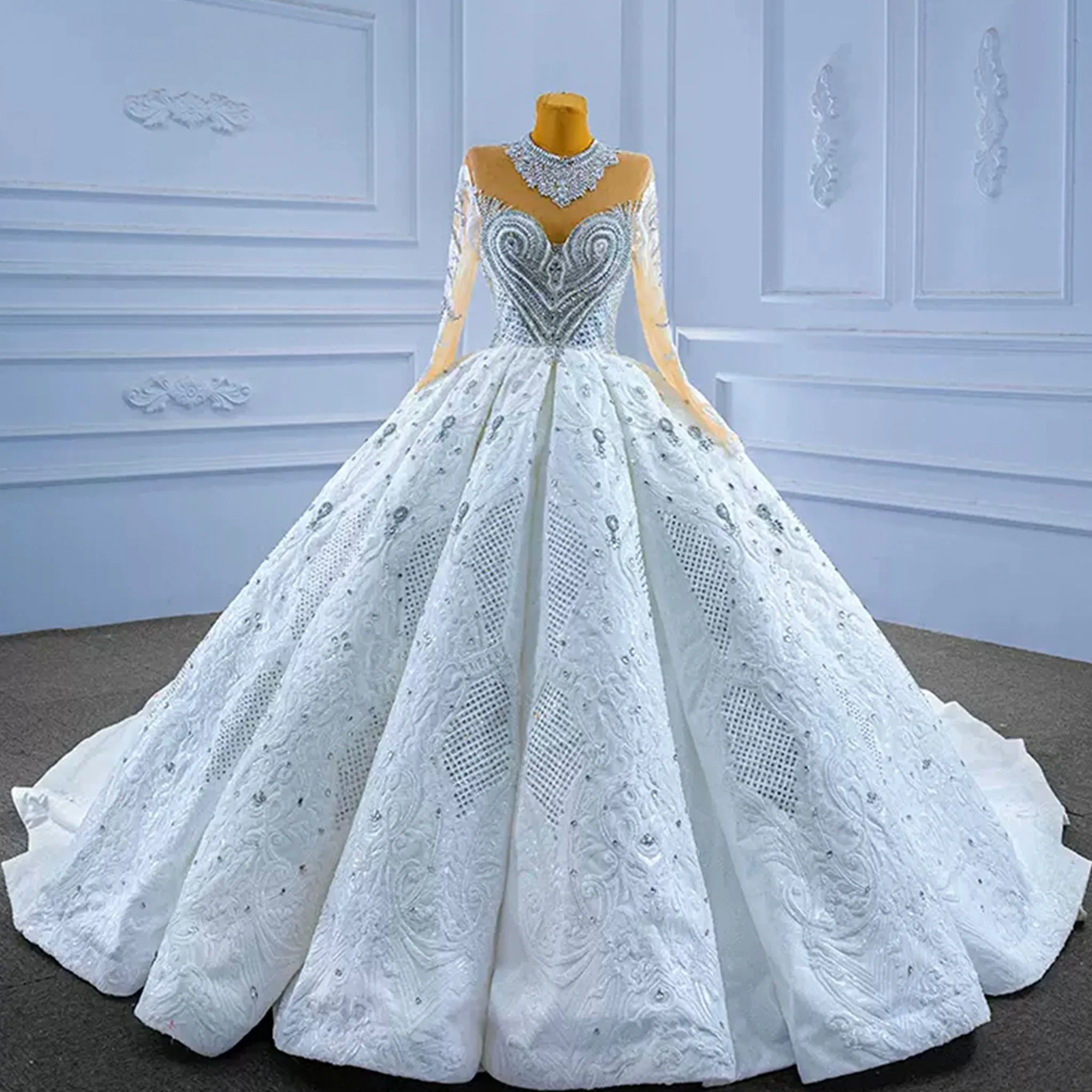 Luxury Sparkly Wedding Dress High Neck Modest Bridal Gown