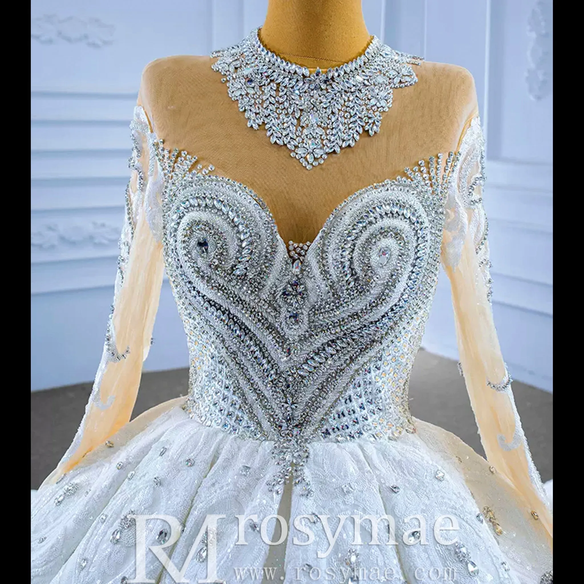 Luxury Sparkly Wedding Dress High Neck Modest Bridal Gown