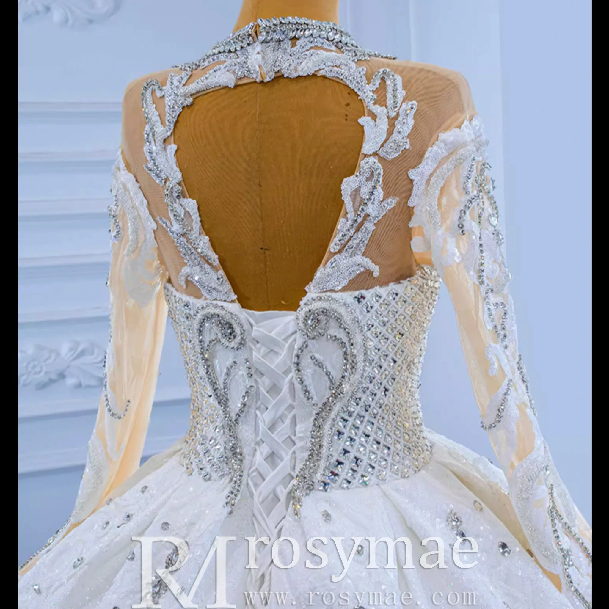 Luxury Sparkly Wedding Dress High Neck Modest Bridal Gown