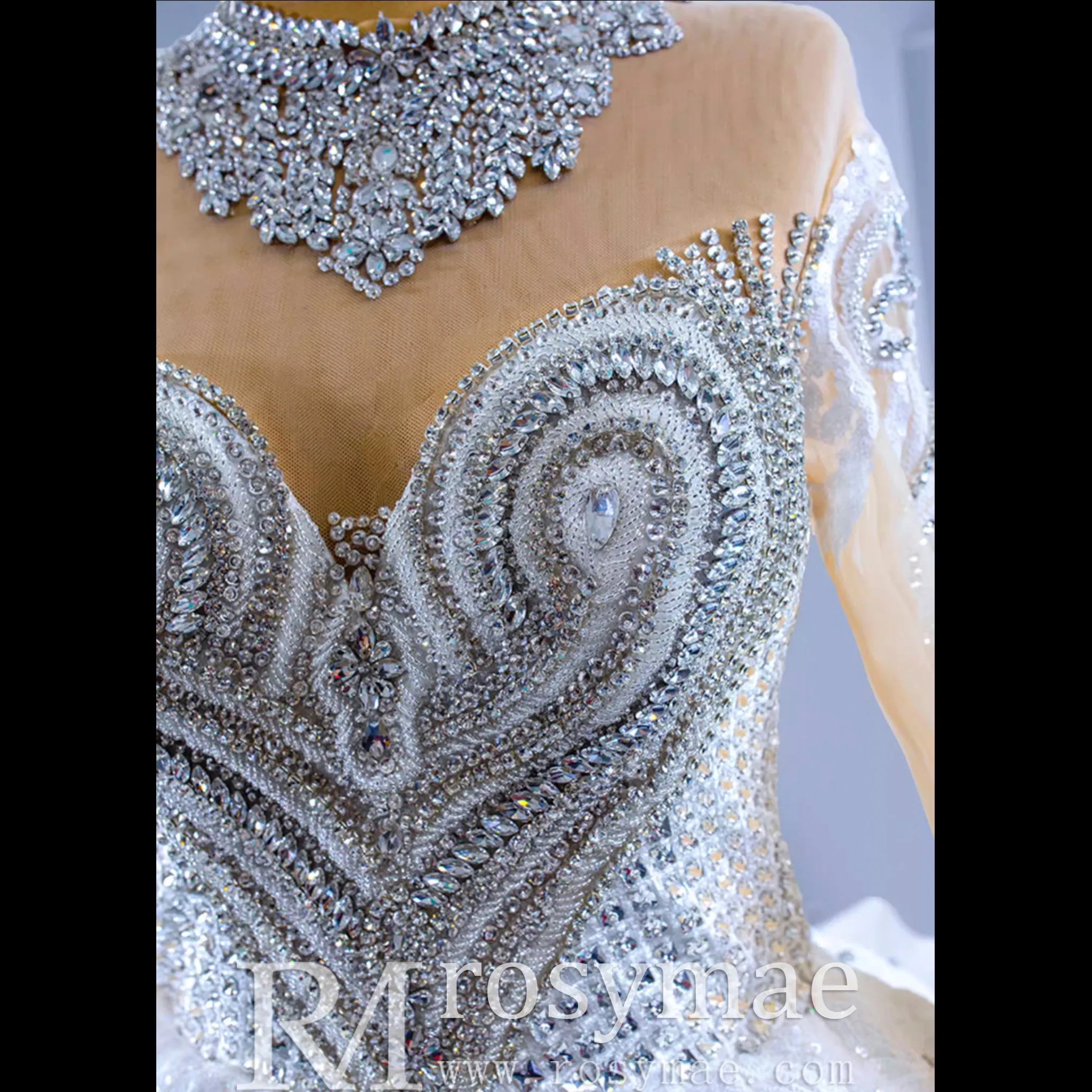 Luxury Sparkly Wedding Dress High Neck Modest Bridal Gown