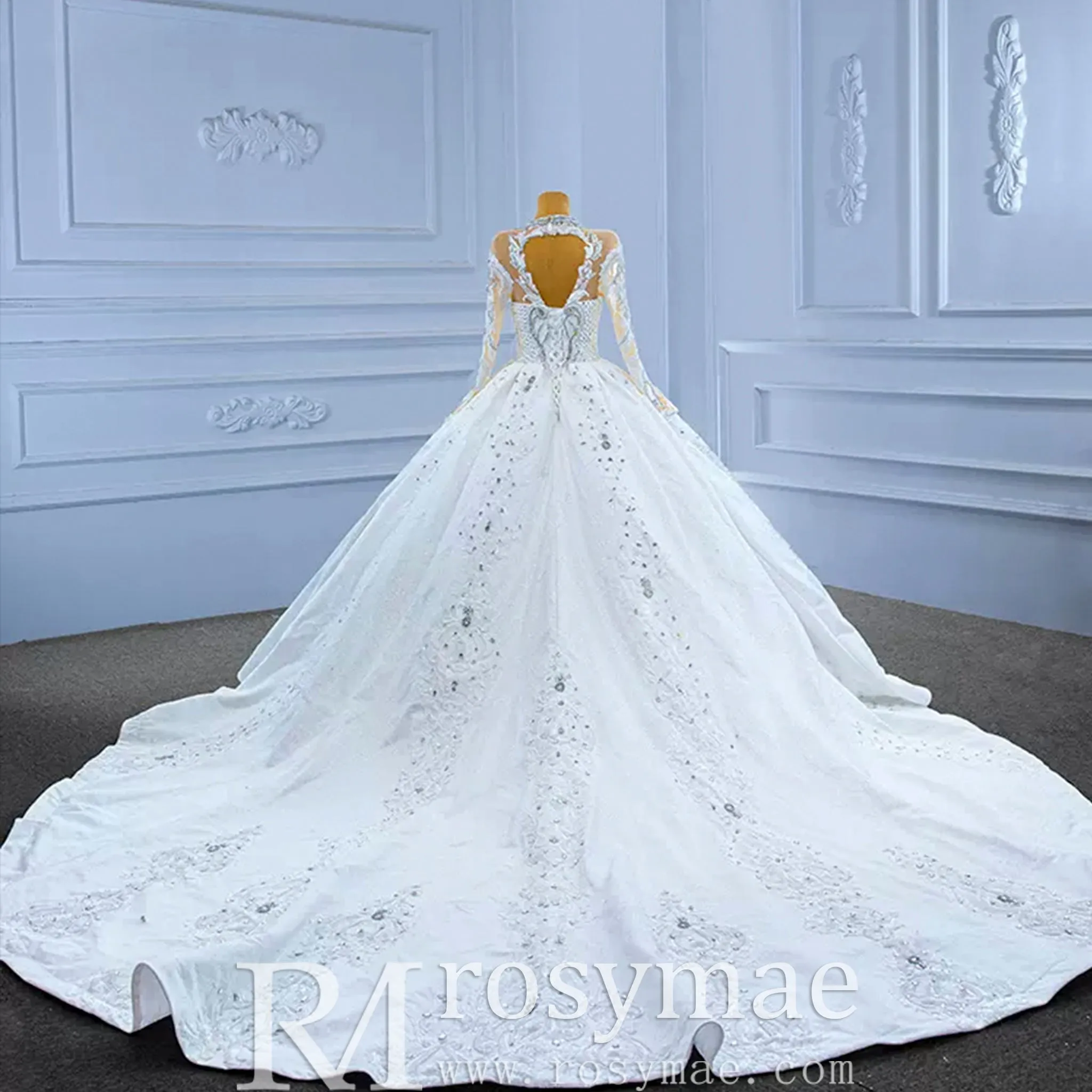 Luxury Sparkly Wedding Dress High Neck Modest Bridal Gown