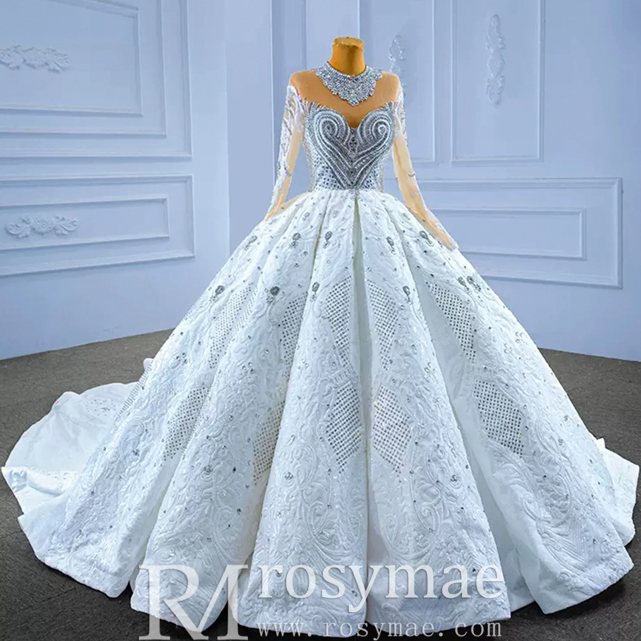 Luxury Sparkly Wedding Dress High Neck Modest Bridal Gown