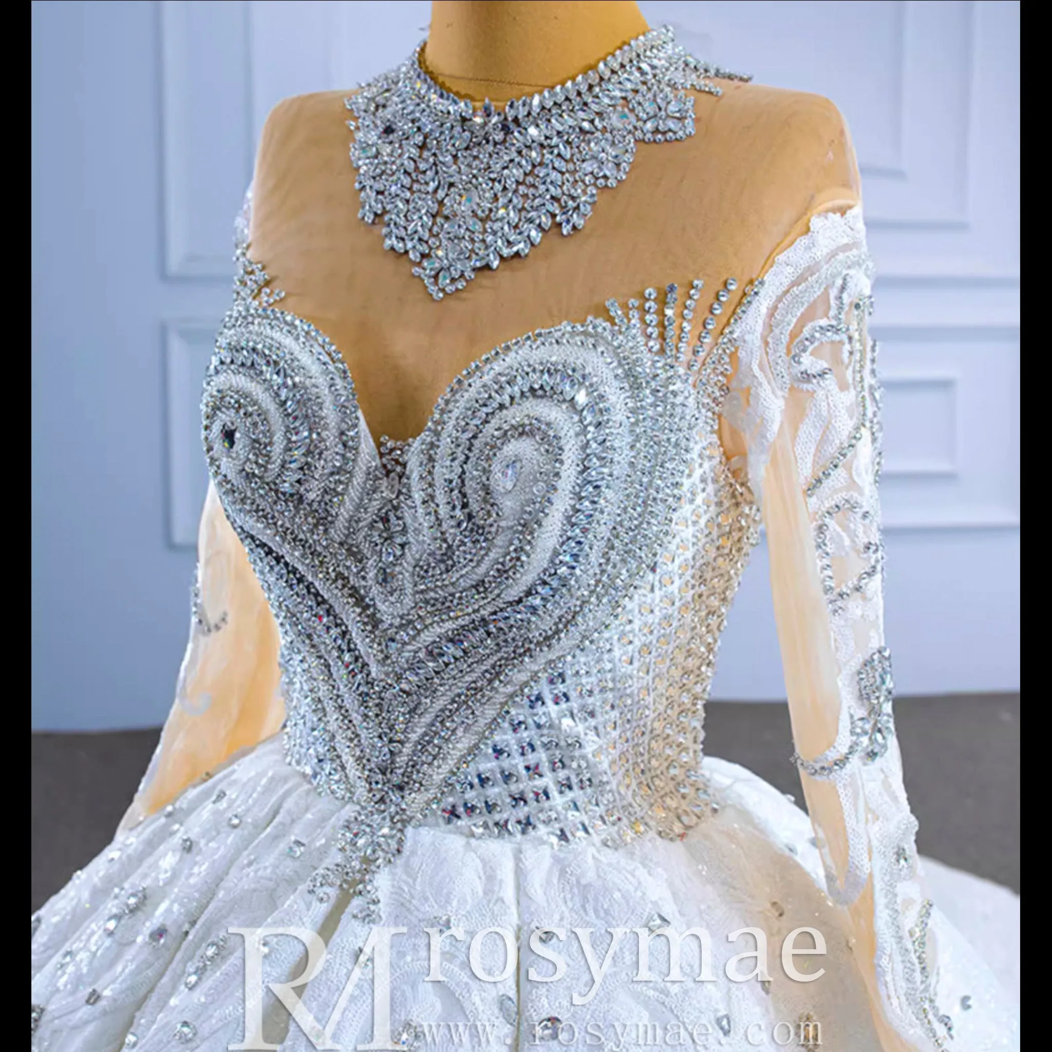 Luxury Sparkly Wedding Dress High Neck Modest Bridal Gown