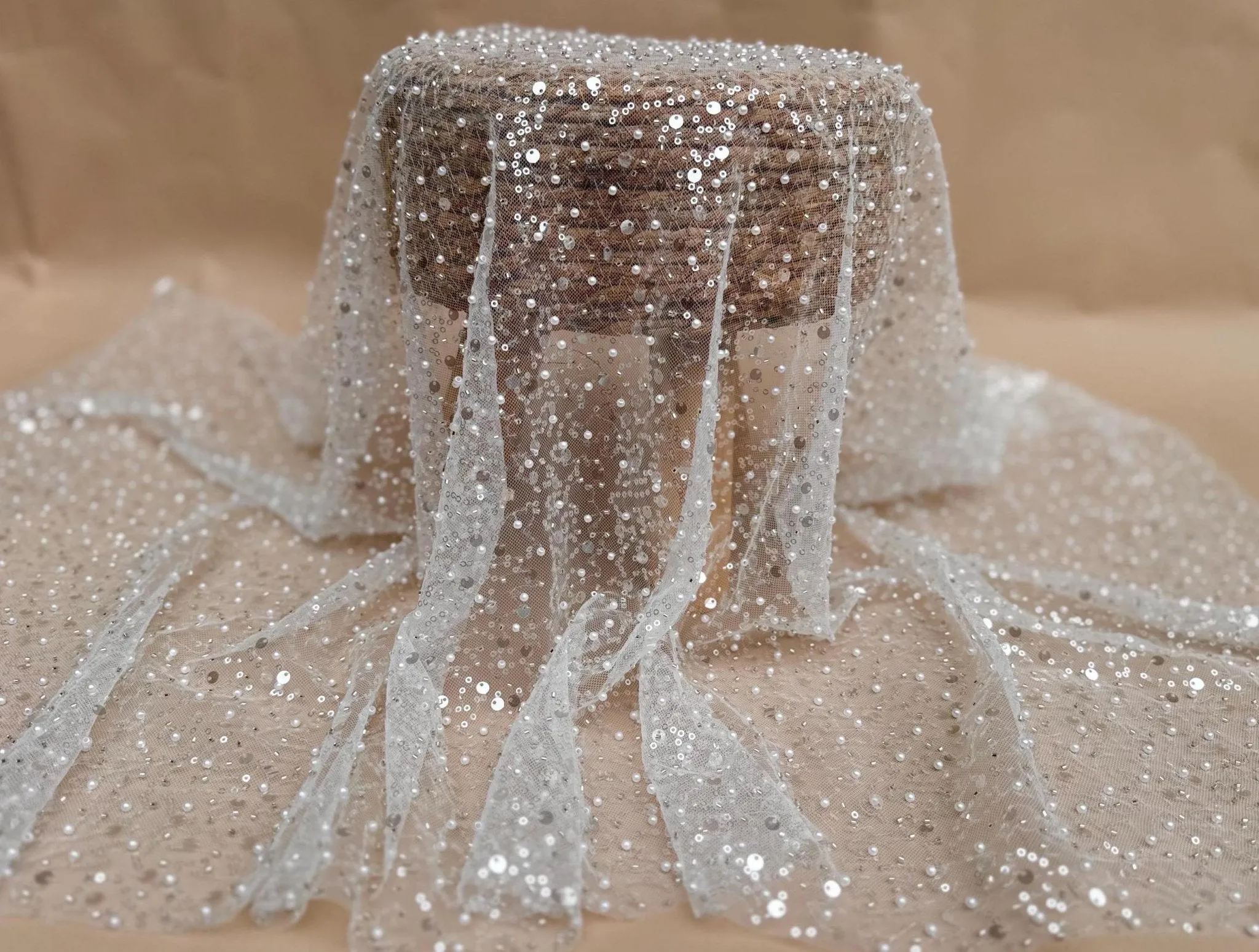 Luxury White Bridal Lace with Beads Pearls & Sequins