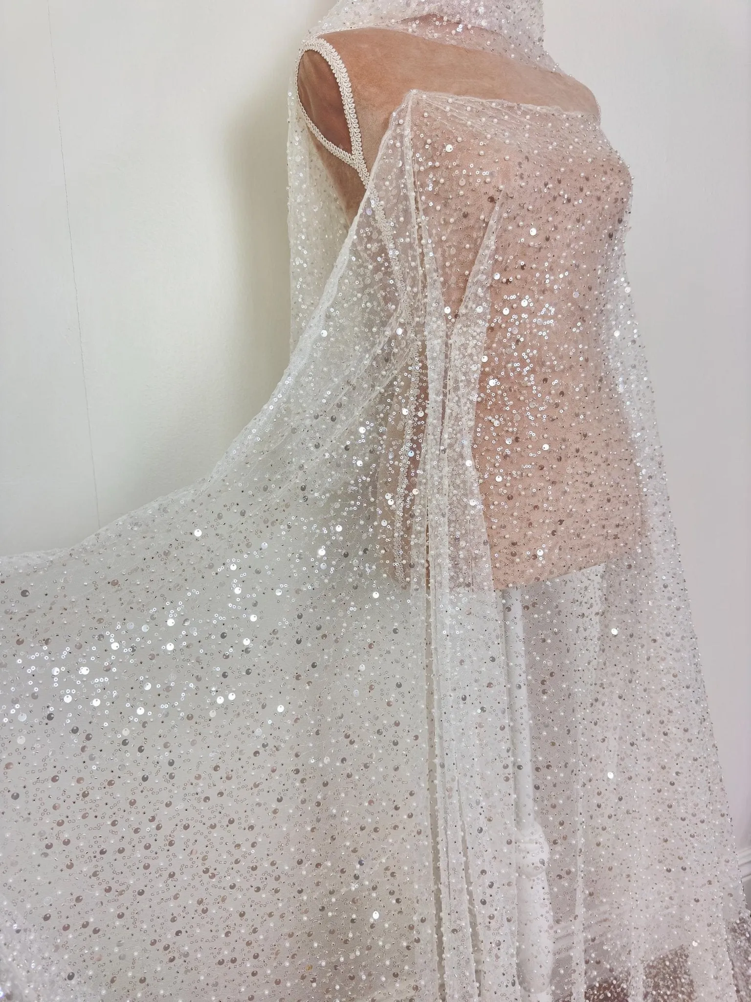 Luxury White Bridal Lace with Beads Pearls & Sequins