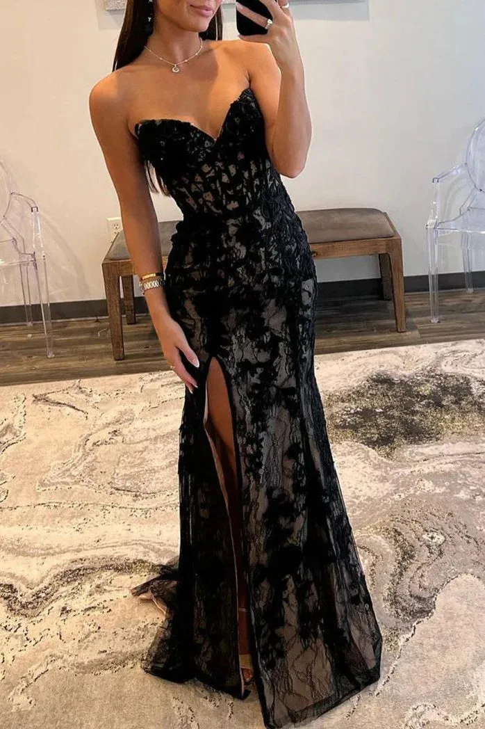 Lyric |Mermaid Strapless Lace Prom Dress with Slit