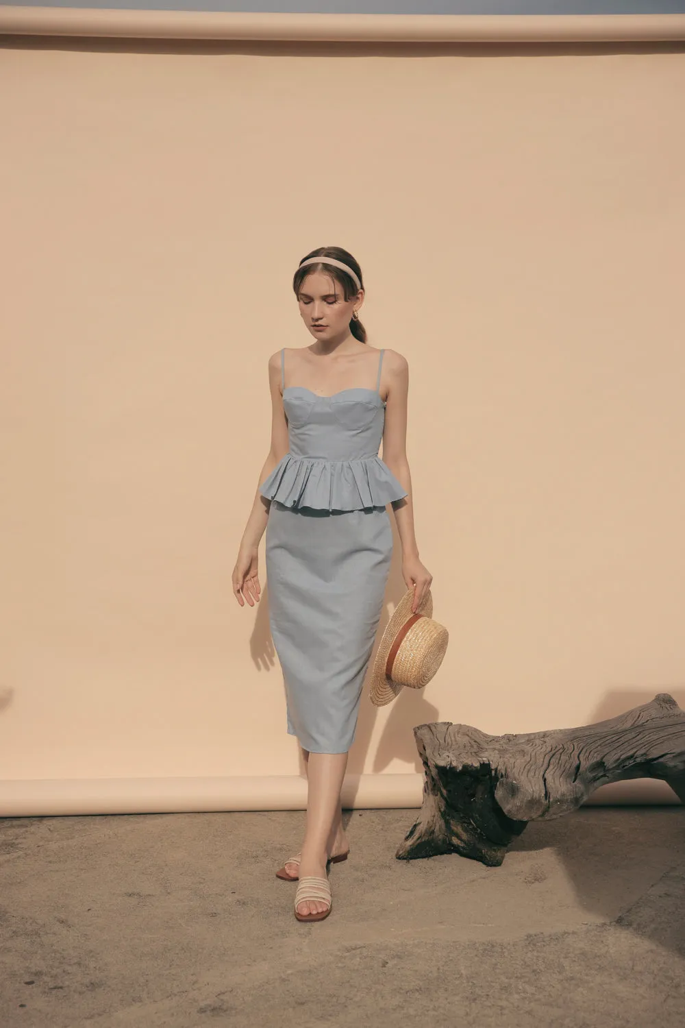 MARBELLA Sweetheart Cut Neckline Midi Dress with Peplum Detail (Serenity Blue Linen)