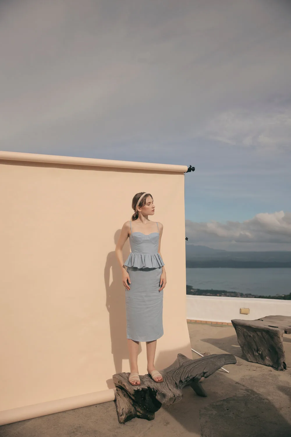 MARBELLA Sweetheart Cut Neckline Midi Dress with Peplum Detail (Serenity Blue Linen)