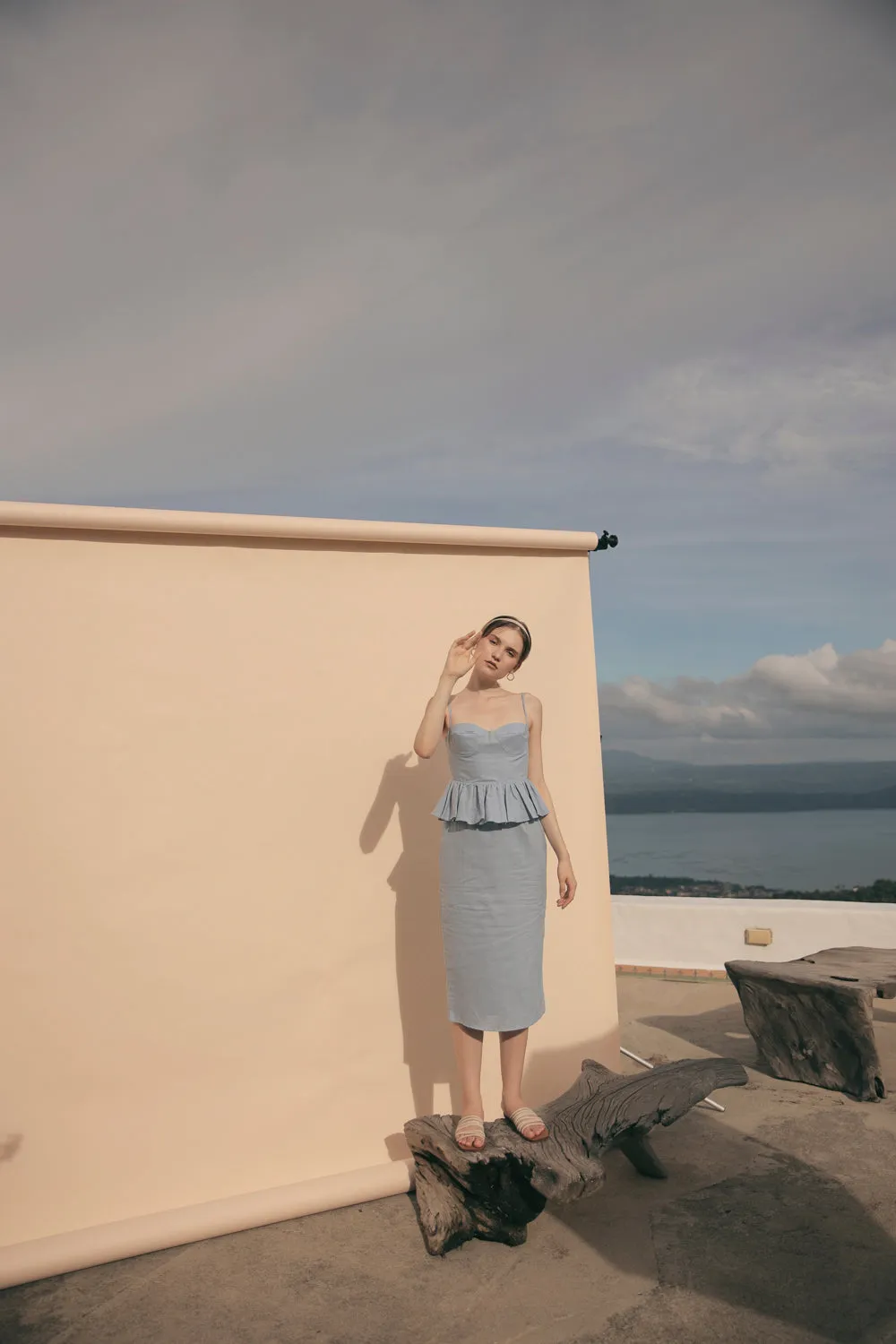 MARBELLA Sweetheart Cut Neckline Midi Dress with Peplum Detail (Serenity Blue Linen)