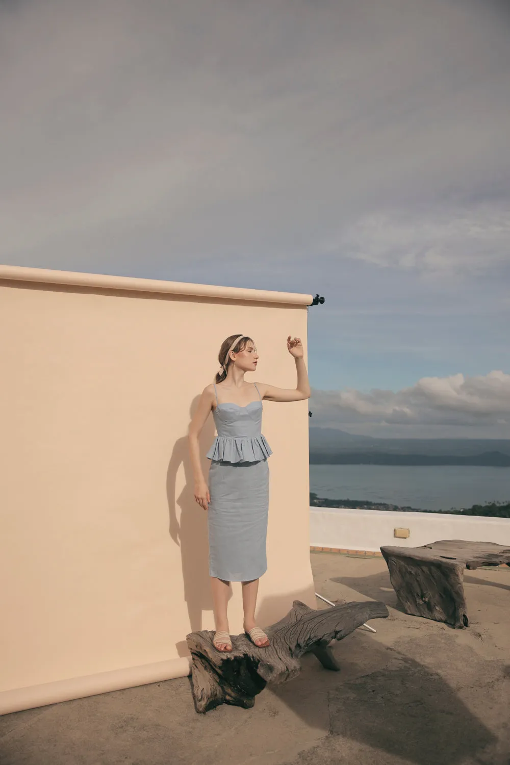 MARBELLA Sweetheart Cut Neckline Midi Dress with Peplum Detail (Serenity Blue Linen)