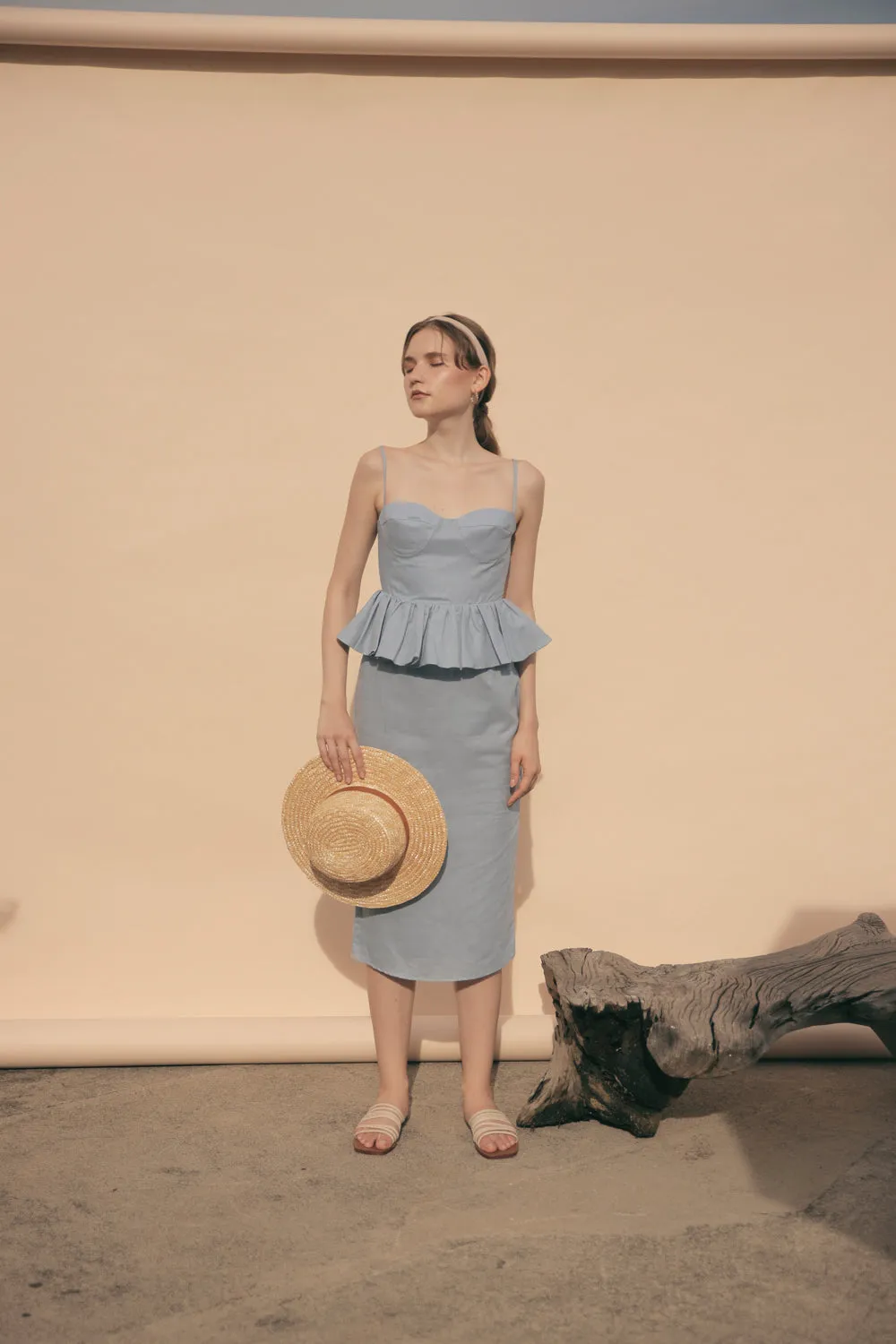 MARBELLA Sweetheart Cut Neckline Midi Dress with Peplum Detail (Serenity Blue Linen)