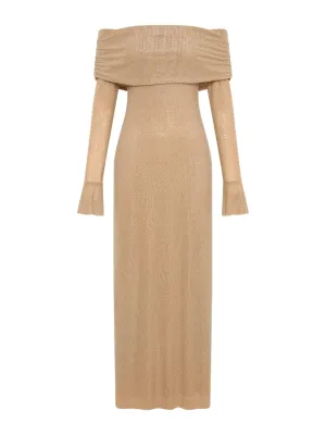 Marcel Off Shoulder Diamante Maxi Dress in Nude