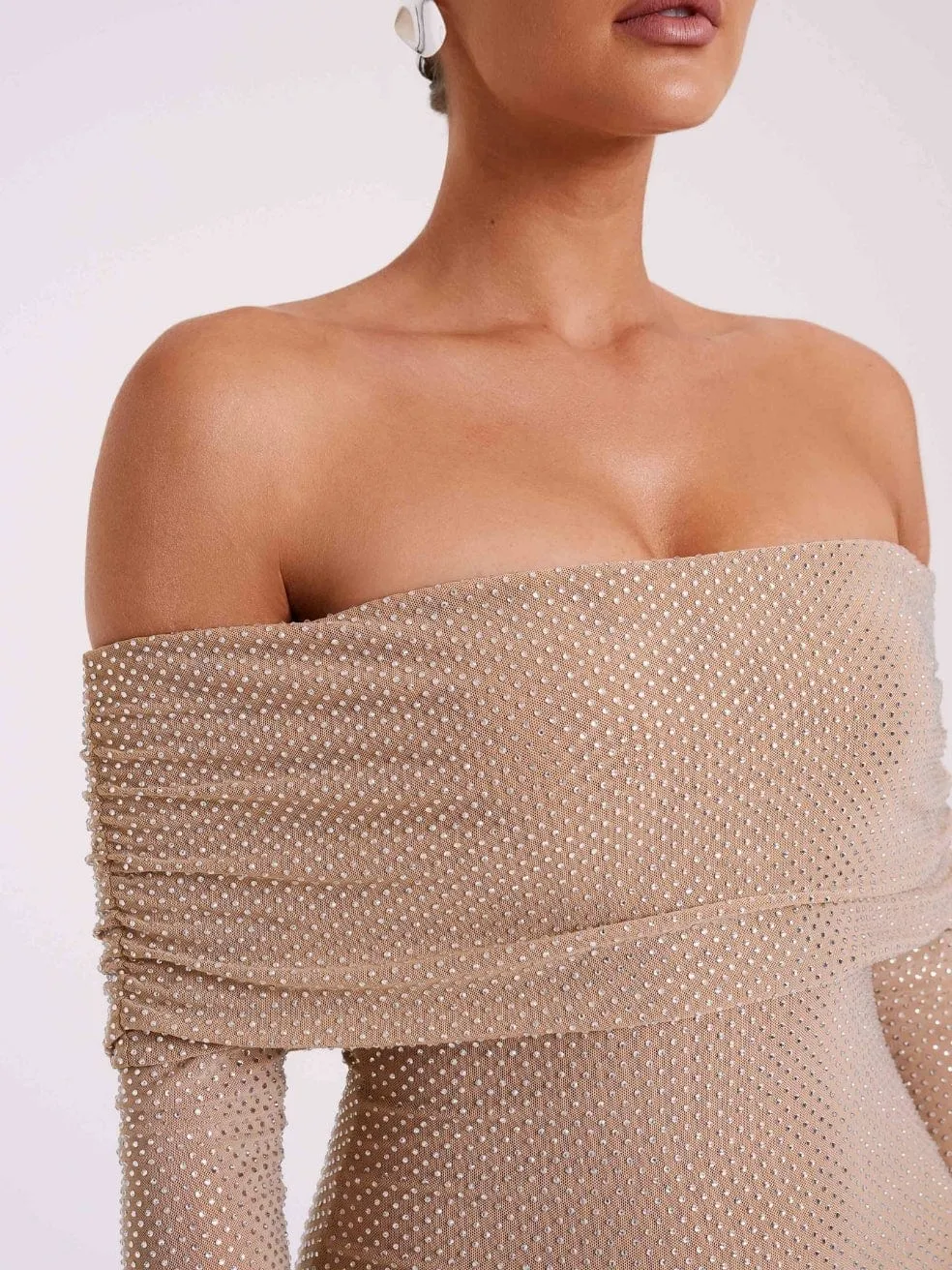 Marcel Off Shoulder Diamante Maxi Dress in Nude