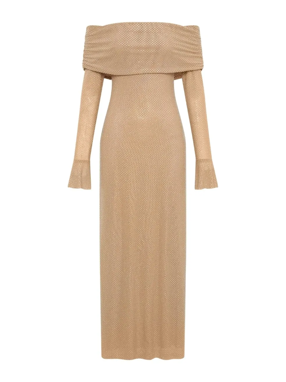 Marcel Off Shoulder Diamante Maxi Dress in Nude