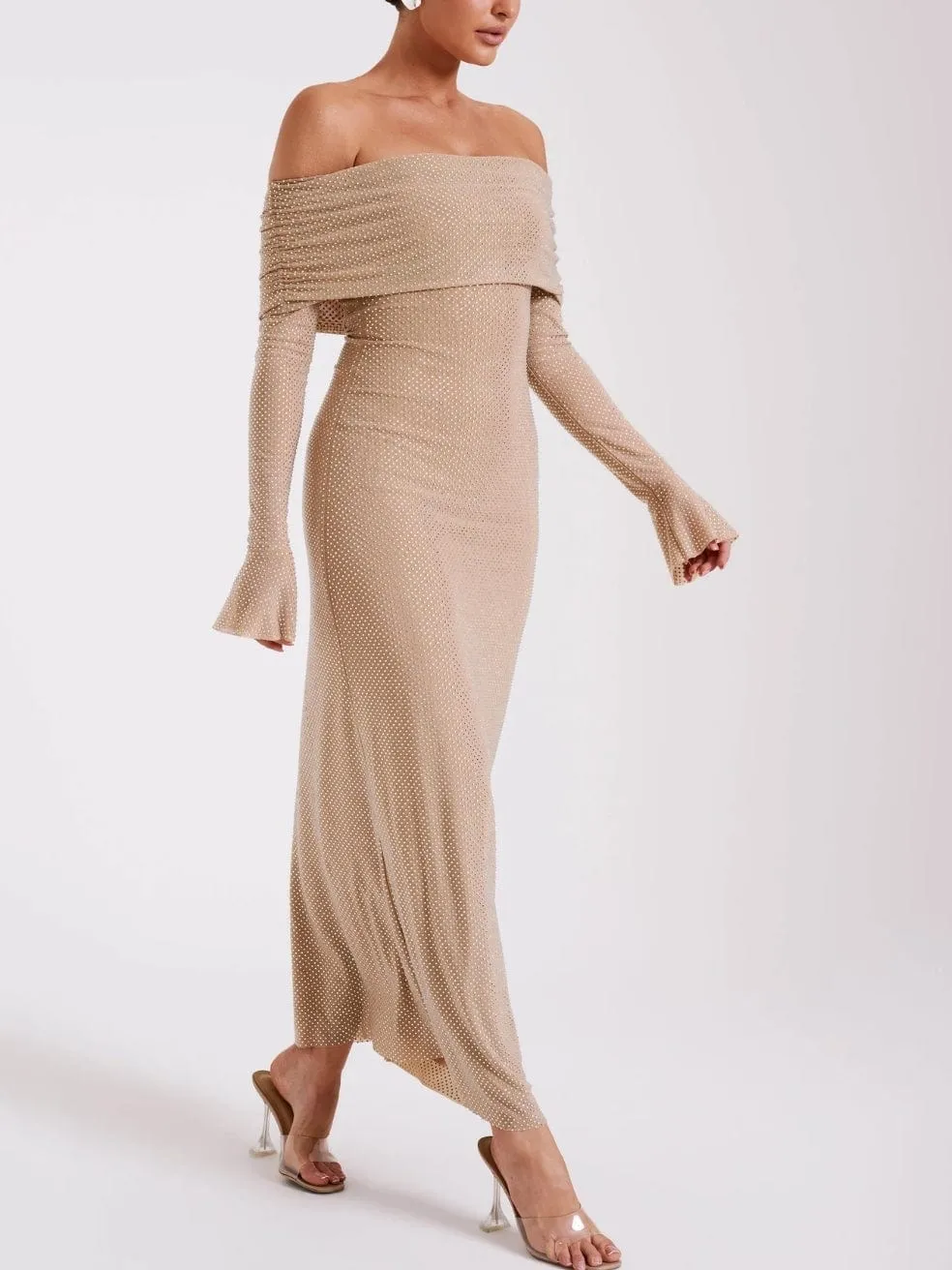 Marcel Off Shoulder Diamante Maxi Dress in Nude