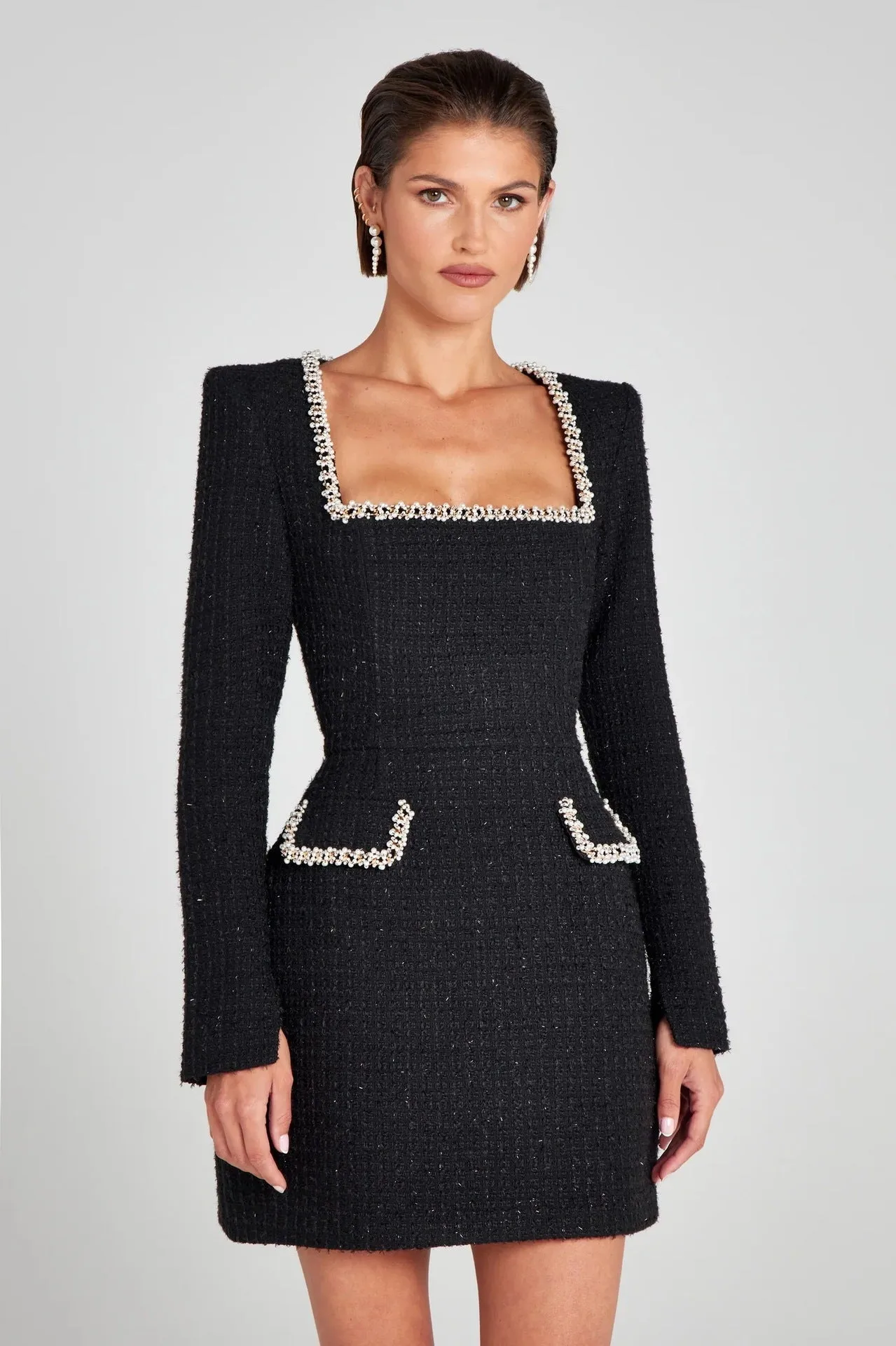 Marion - Elegant Beaded Detail Woman's U Neck Dress