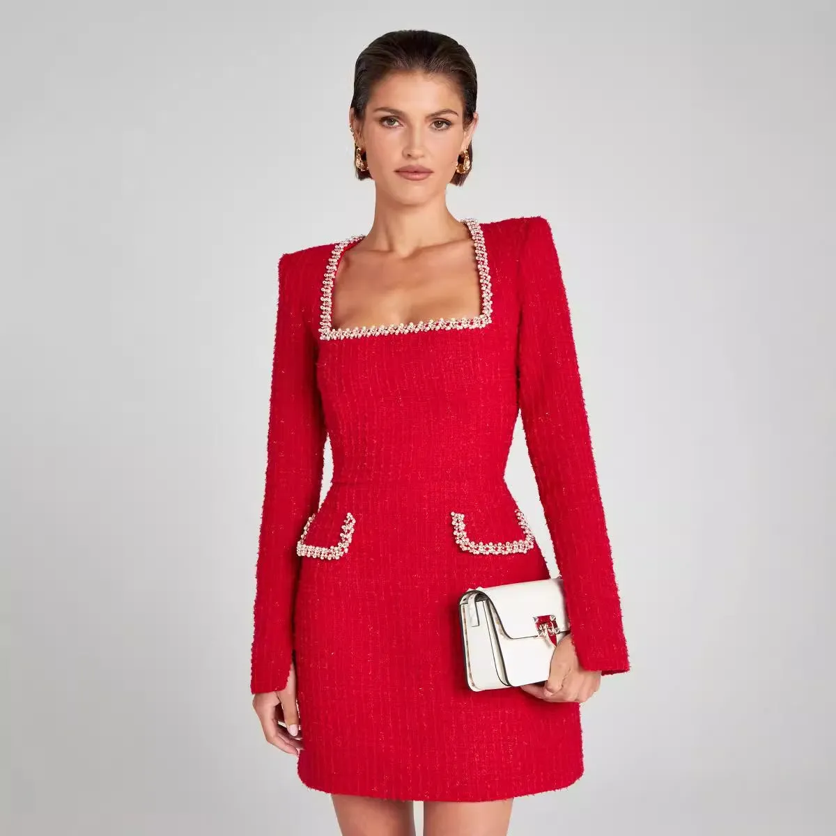 Marion - Elegant Beaded Detail Woman's U Neck Dress