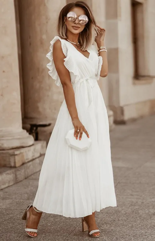 Maxi Dress with Lotus Leaf Sleeves and Pleated Chiffon Design