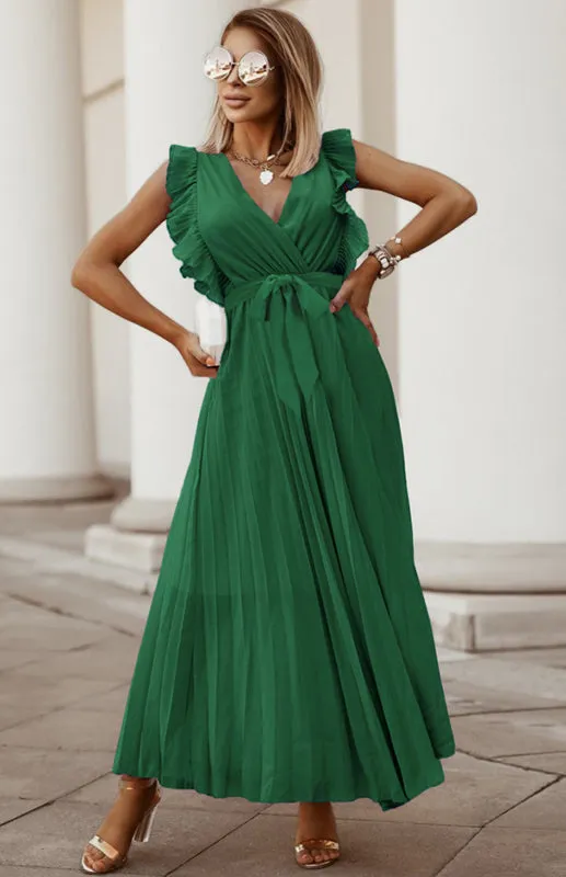 Maxi Dress with Lotus Leaf Sleeves and Pleated Chiffon Design