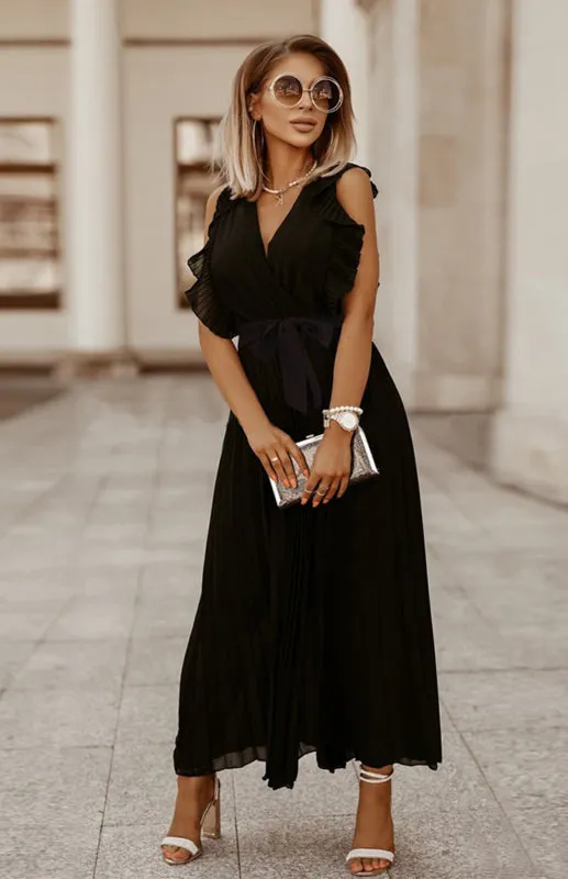 Maxi Dress with Lotus Leaf Sleeves and Pleated Chiffon Design
