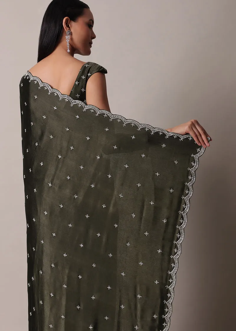 Mehendi Green Saree In Satin Chinon With Scallop Stone Work Border