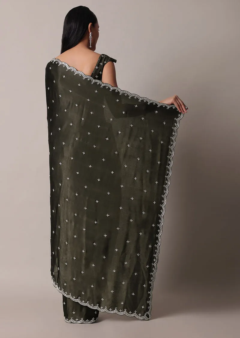 Mehendi Green Saree In Satin Chinon With Scallop Stone Work Border