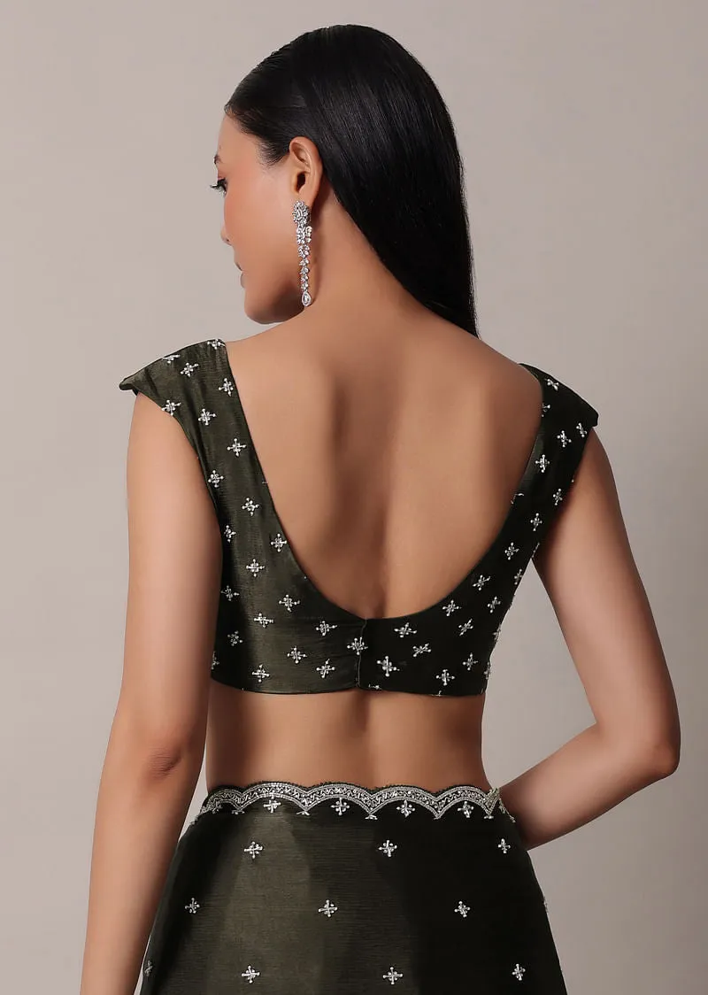 Mehendi Green Saree In Satin Chinon With Scallop Stone Work Border