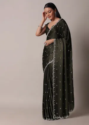 Mehendi Green Saree In Satin Chinon With Scallop Stone Work Border