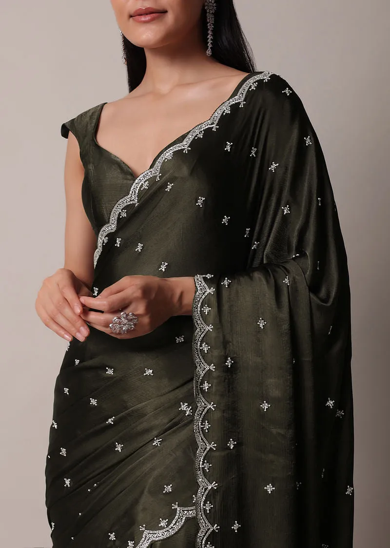 Mehendi Green Saree In Satin Chinon With Scallop Stone Work Border
