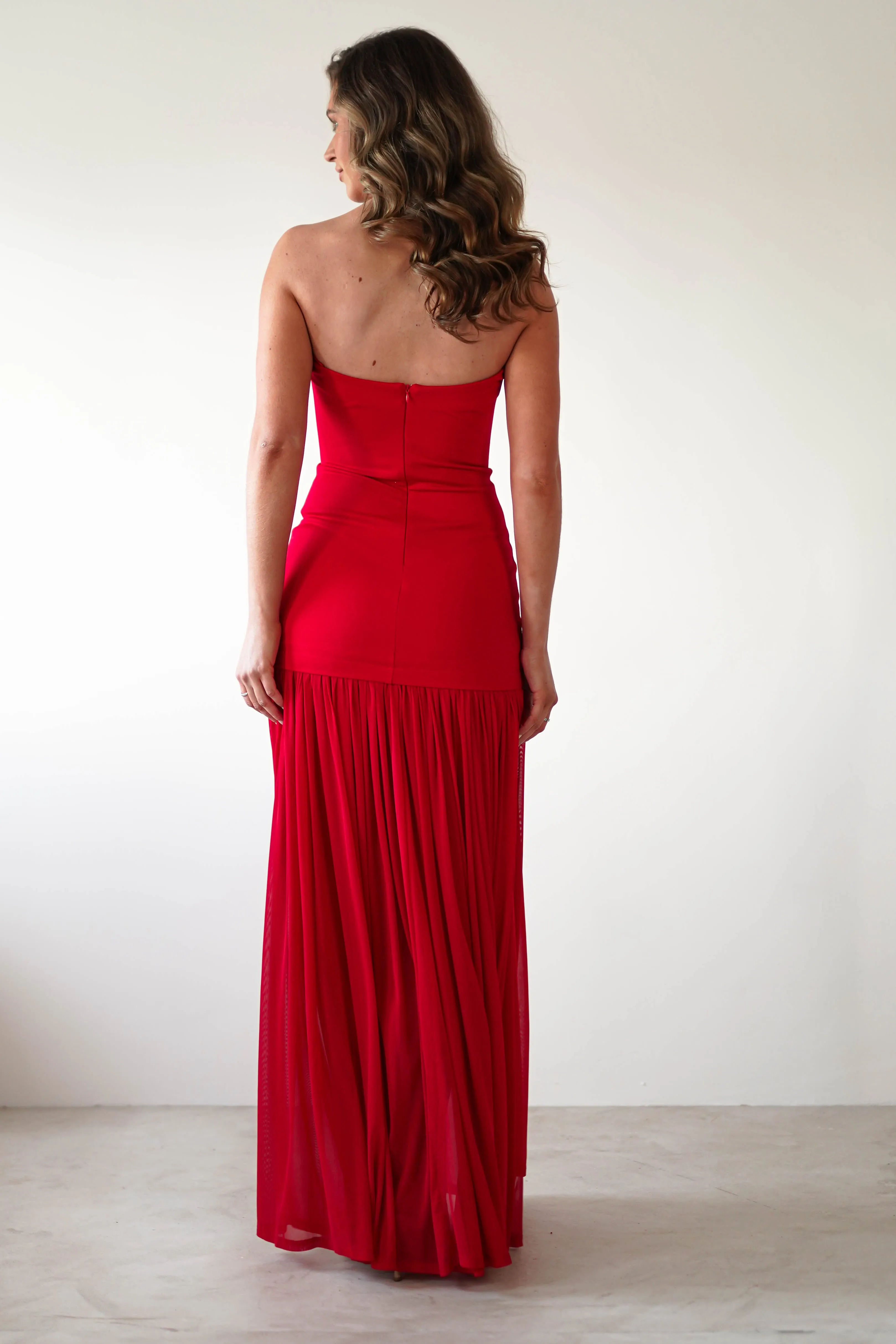 Mel Strapless Chiffon Skirt Maxi Dress | Red