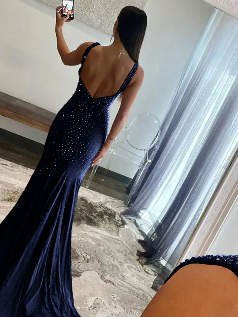 Mermaid Deep V-Neck Beaded Satin Long Prom Dresses
