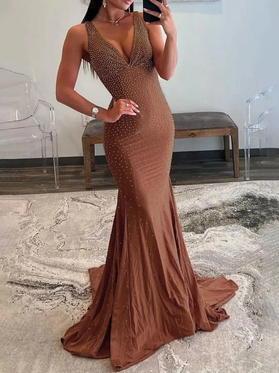 Mermaid Deep V-Neck Beaded Satin Long Prom Dresses
